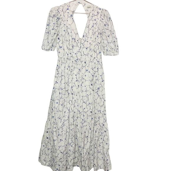Nicholas Celie White Blue Floral Button Front Print Puff Sleeve Maxi Dress Sz 6 - Picture 2 of 16